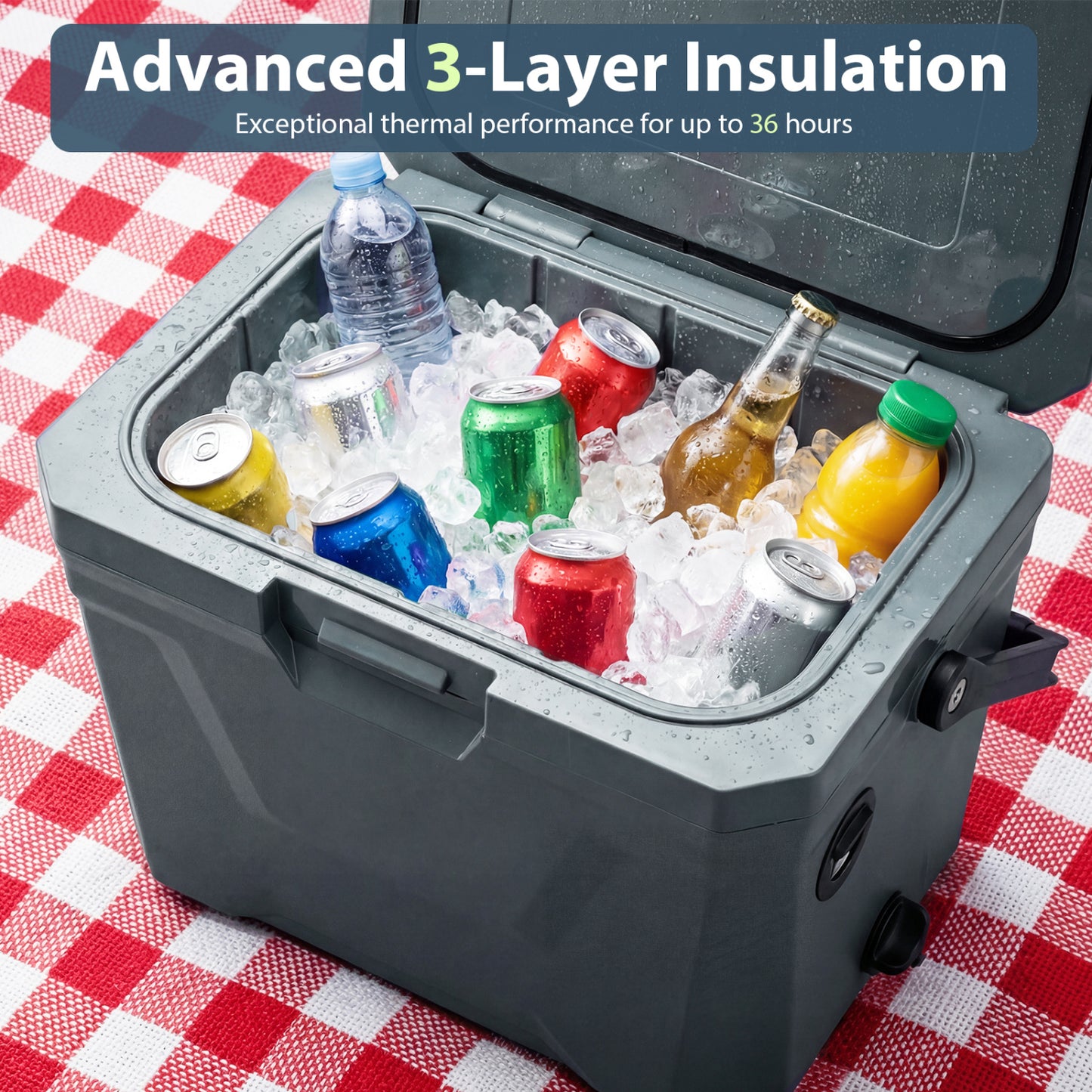 Insulated Portable Cooler, Hard Shell Ice Chest, 2 Cup Holders, Gray Coolers at Gallery Canada
