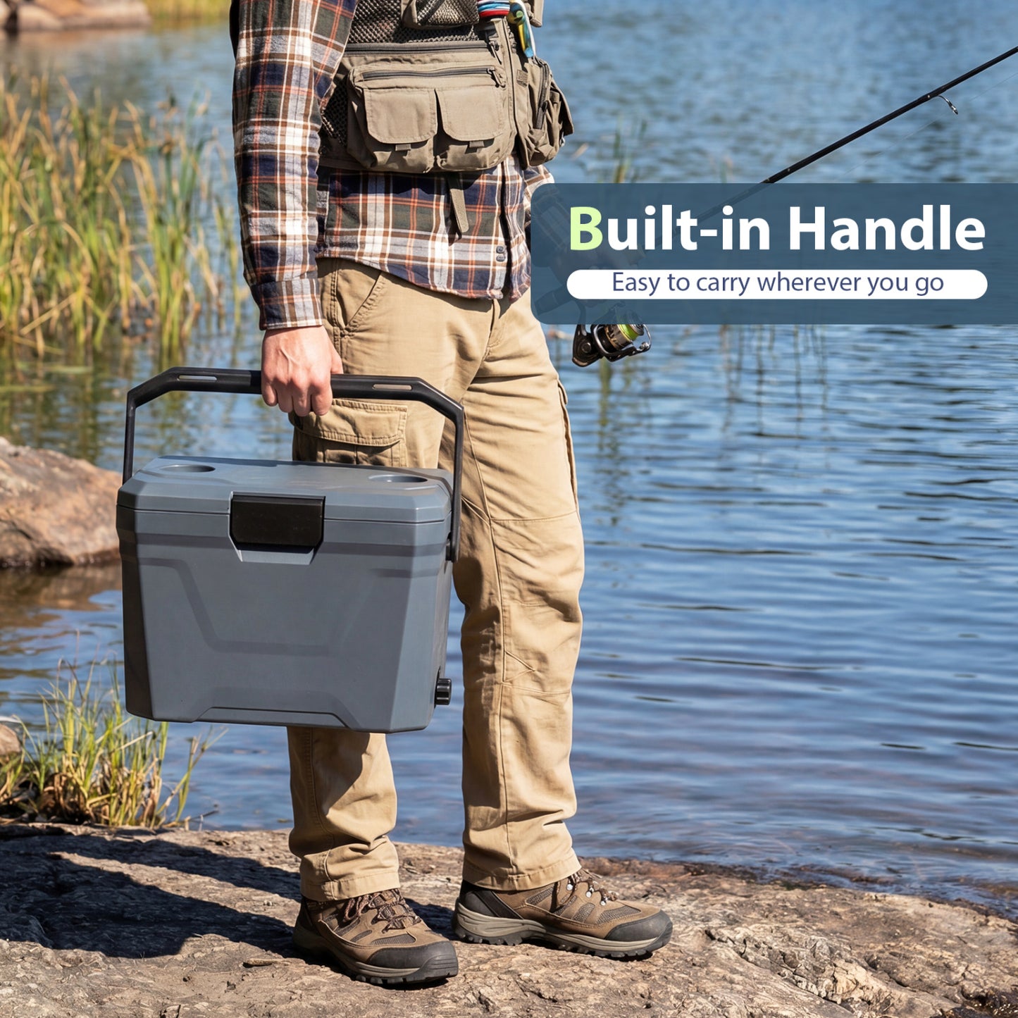 Insulated Portable Cooler, Hard Shell Ice Chest, 2 Cup Holders, Gray Coolers at Gallery Canada