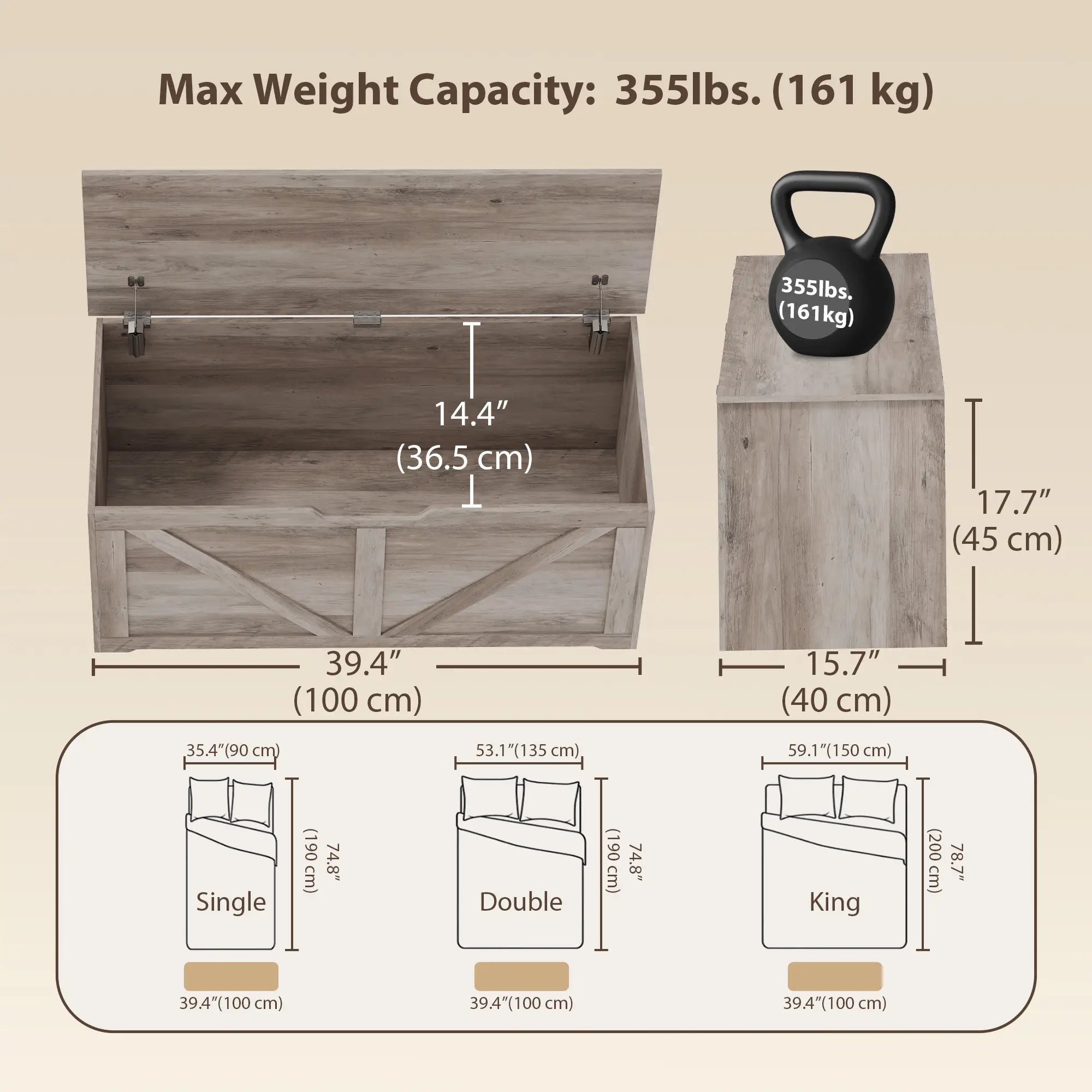 Storage Chest with Safety Hinges, Grey Wood Grain, 39.4 Inches, Grey Storage Cabinets at Gallery Canada