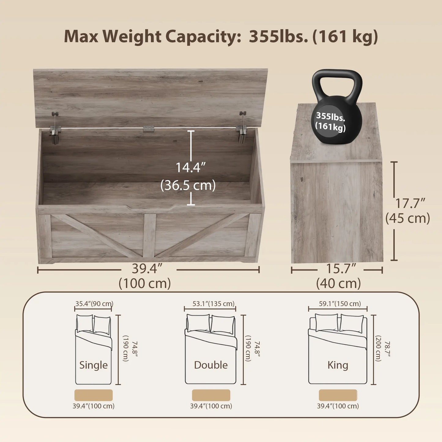 Storage Chest with Safety Hinges, Grey Wood Grain, 39.4 Inches, Grey Storage Cabinets at Gallery Canada