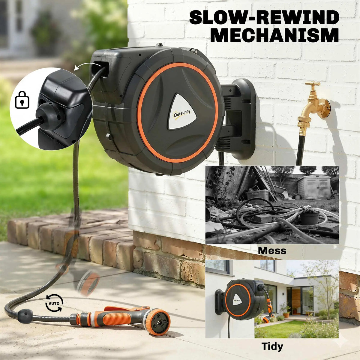 Retractable Garden Hose Reel, 1/2"x75.5ft Wall Mounted Hose Reel with 12-Pattern Nozzles, Auto Retraction, Self-Locking Garden Accessories at Gallery Canada