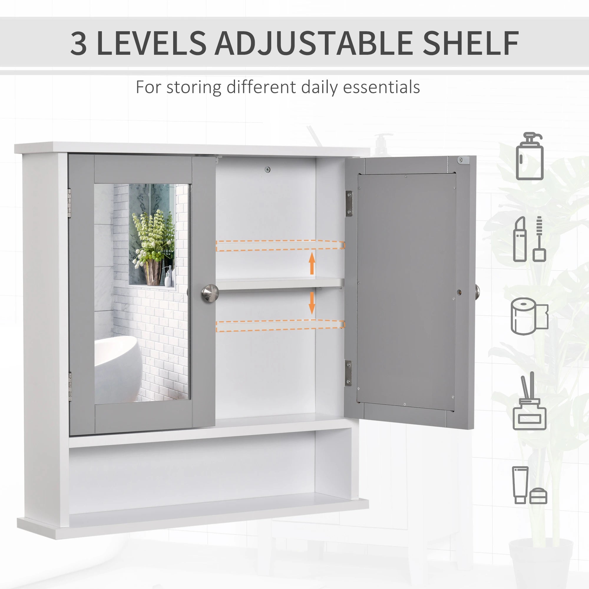 Wall-Mounted Medicine Cabinet, Double Doors, Open Shelf, Adjustable, White and Grey Mirror Medicine Cabinets at Gallery Canada