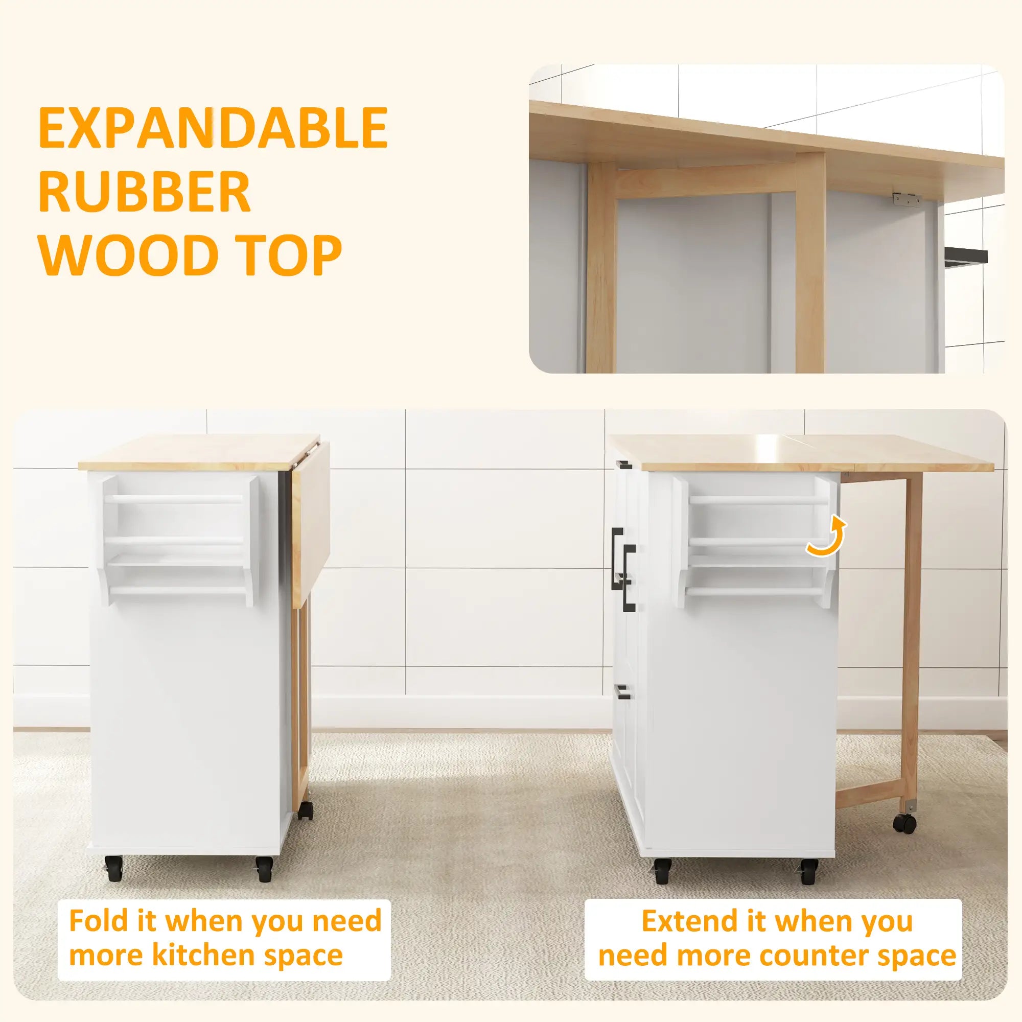 Rolling Kitchen Cart, Drop Leaf, 3 Drawers, Solid Wood Top, Towel Rack, White Kitchen Islands & Kitchen Carts at Gallery Canada
