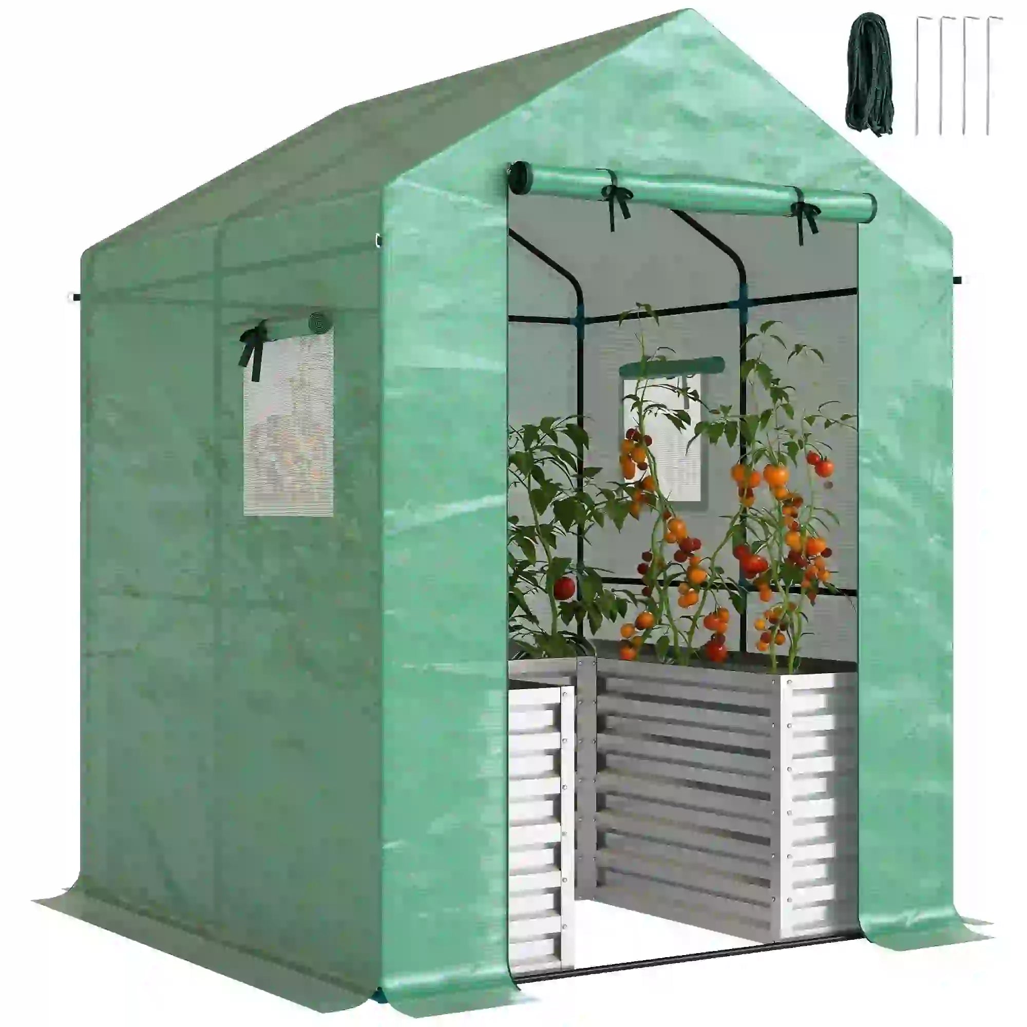 Greenhouse With Raised Garden Bed, Galvanized Metal Planter Box, 56
