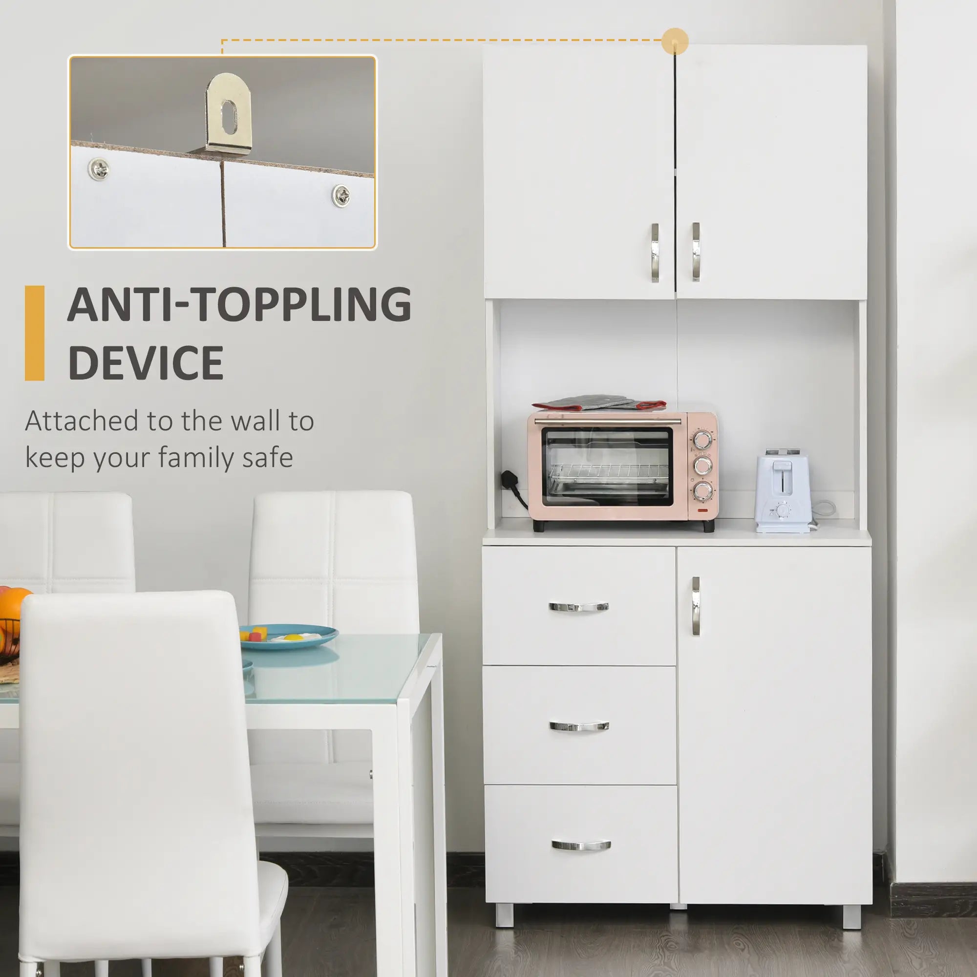 Freestanding Kitchen Buffet, Hutch Storage, 2 Door Cabinets, 3 Drawers, White Kitchen Pantry Cabinets at Gallery Canada