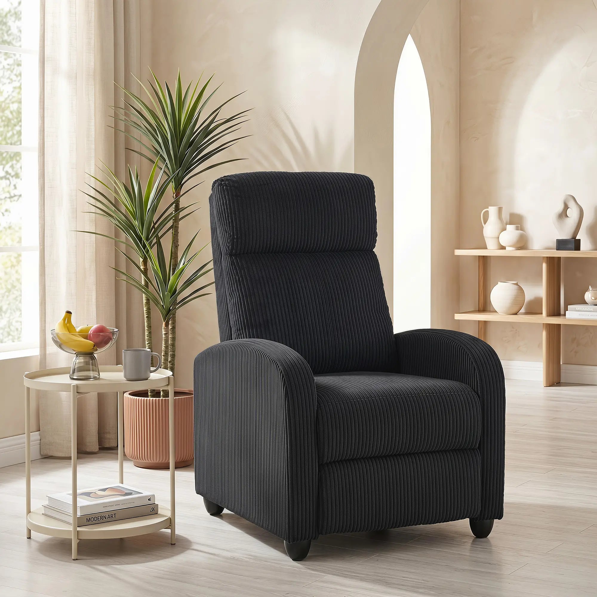 Corduroy Push Back Recliner Chair, Padded Seat, Black Single Sofas at Gallery Canada