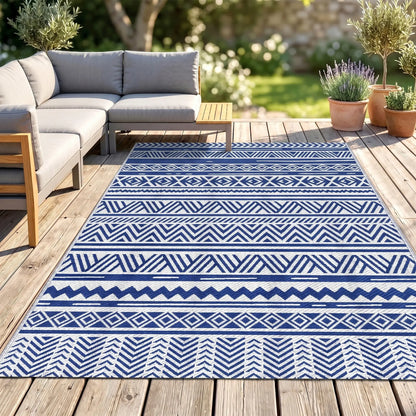 Reversible Outdoor Rug, Patio Floor Mat, 6' x 9', White, Dark Blue Garden Decor at Gallery Canada