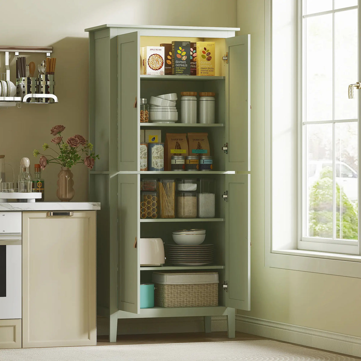 69.5" Tall Kitchen Pantry Cabinet, Motion Sensor LED Light, Green Kitchen Pantry Cabinets at Gallery Canada