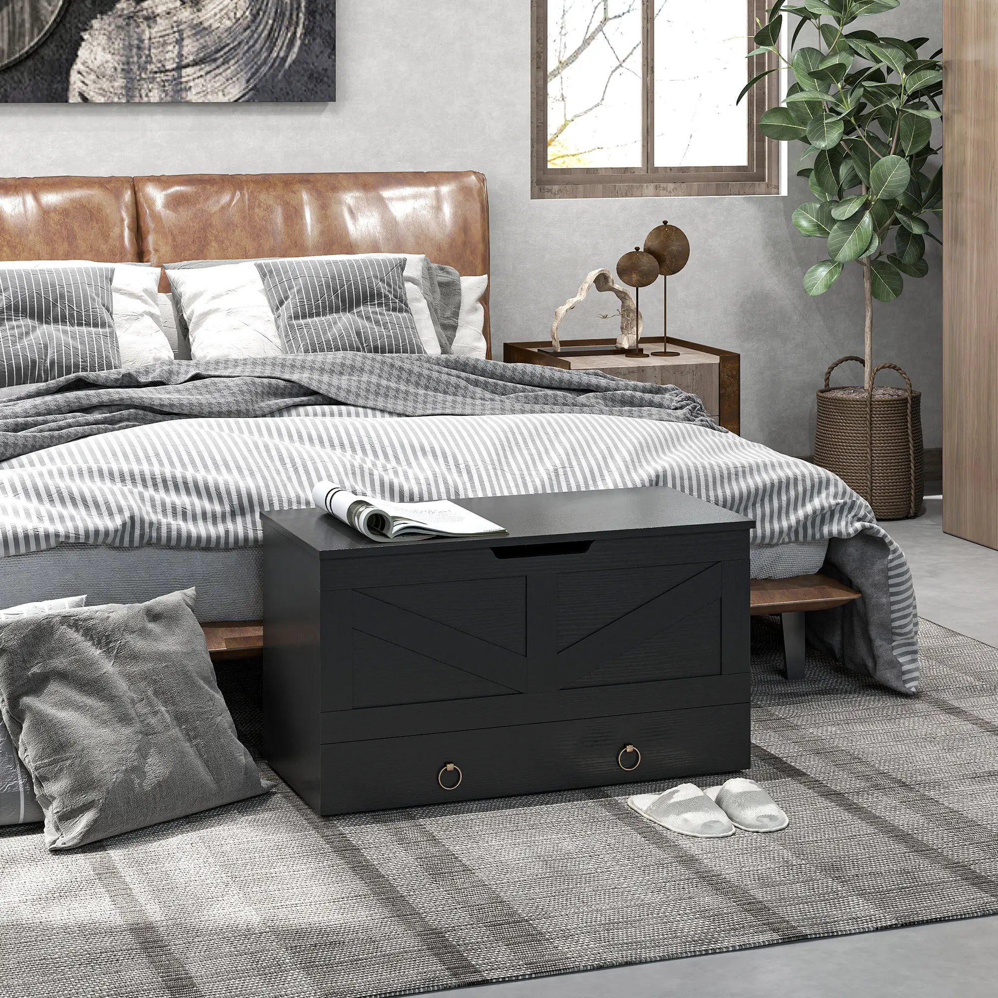 31.5 Inches Storage Chest, Wooden Box, Black Wood Grain, Black Storage Cabinets at Gallery Canada