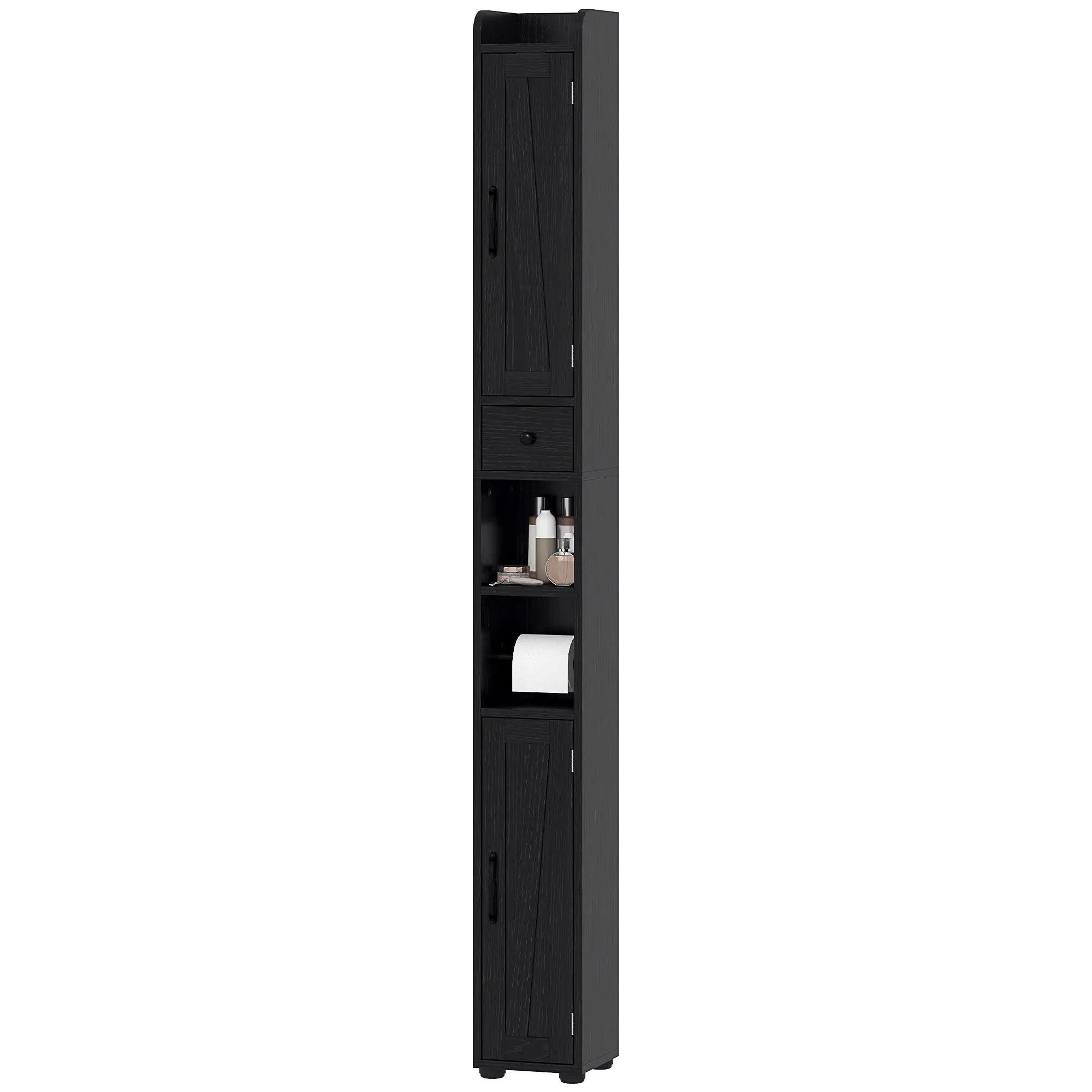 Narrow Bathroom Cabinet, Tall Storage with Barn Doors, Wood Grain, Black Bathroom Cabinets Black Wood Grain at Gallery Canada