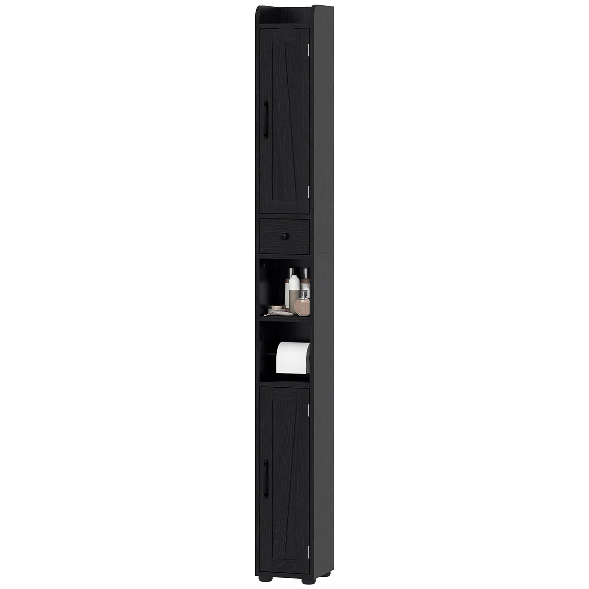 Narrow Bathroom Cabinet, Tall Storage with Barn Doors, Wood Grain, Black Bathroom Cabinets Black Wood Grain at Gallery Canada