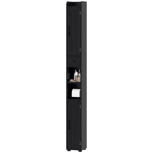 Narrow Bathroom Cabinet, Tall Storage with Barn Doors, Wood Grain, Black