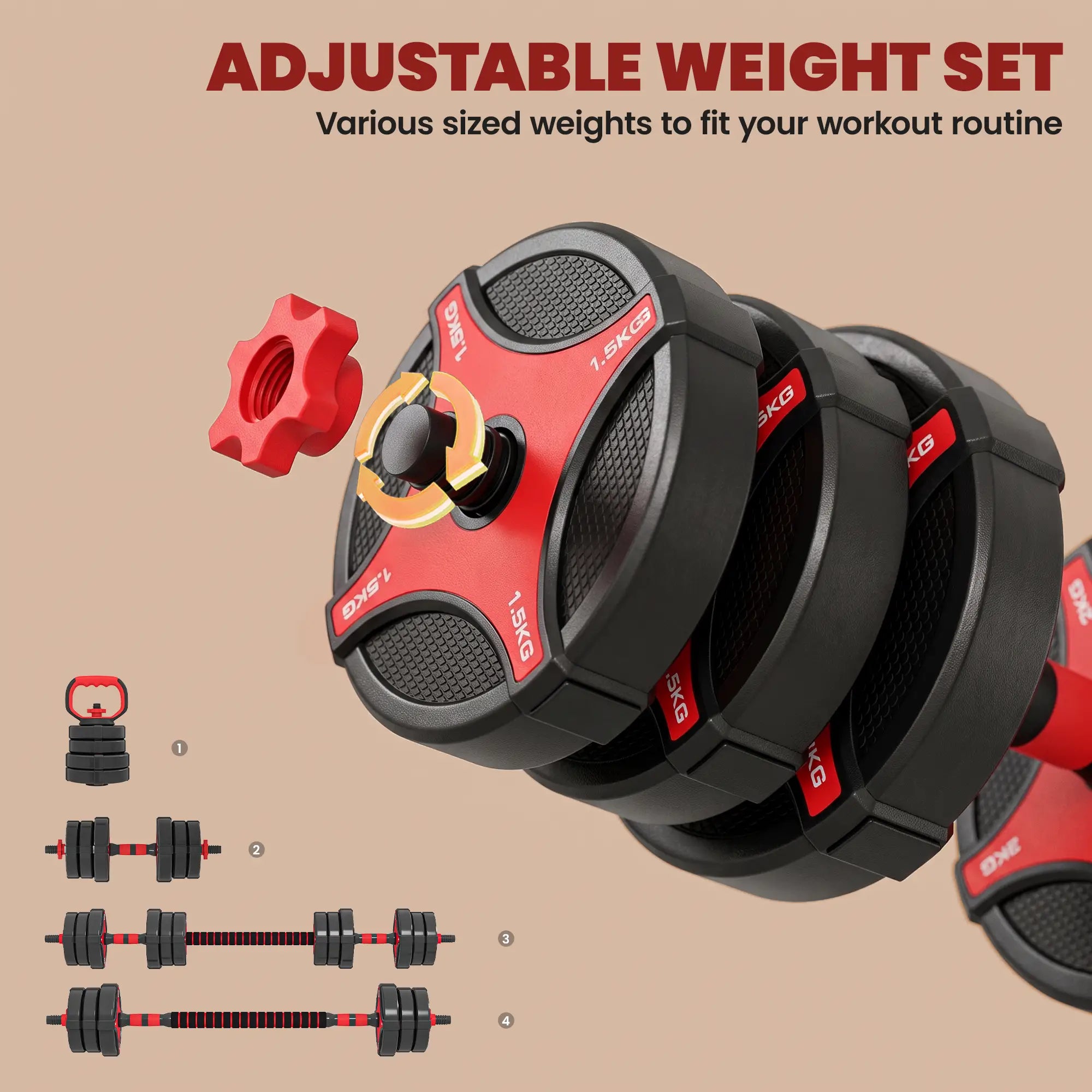 5-in-1 Adjustable Dumbbell Set 55 lbs, Black and Red Dumbbells & Barbells at Gallery Canada