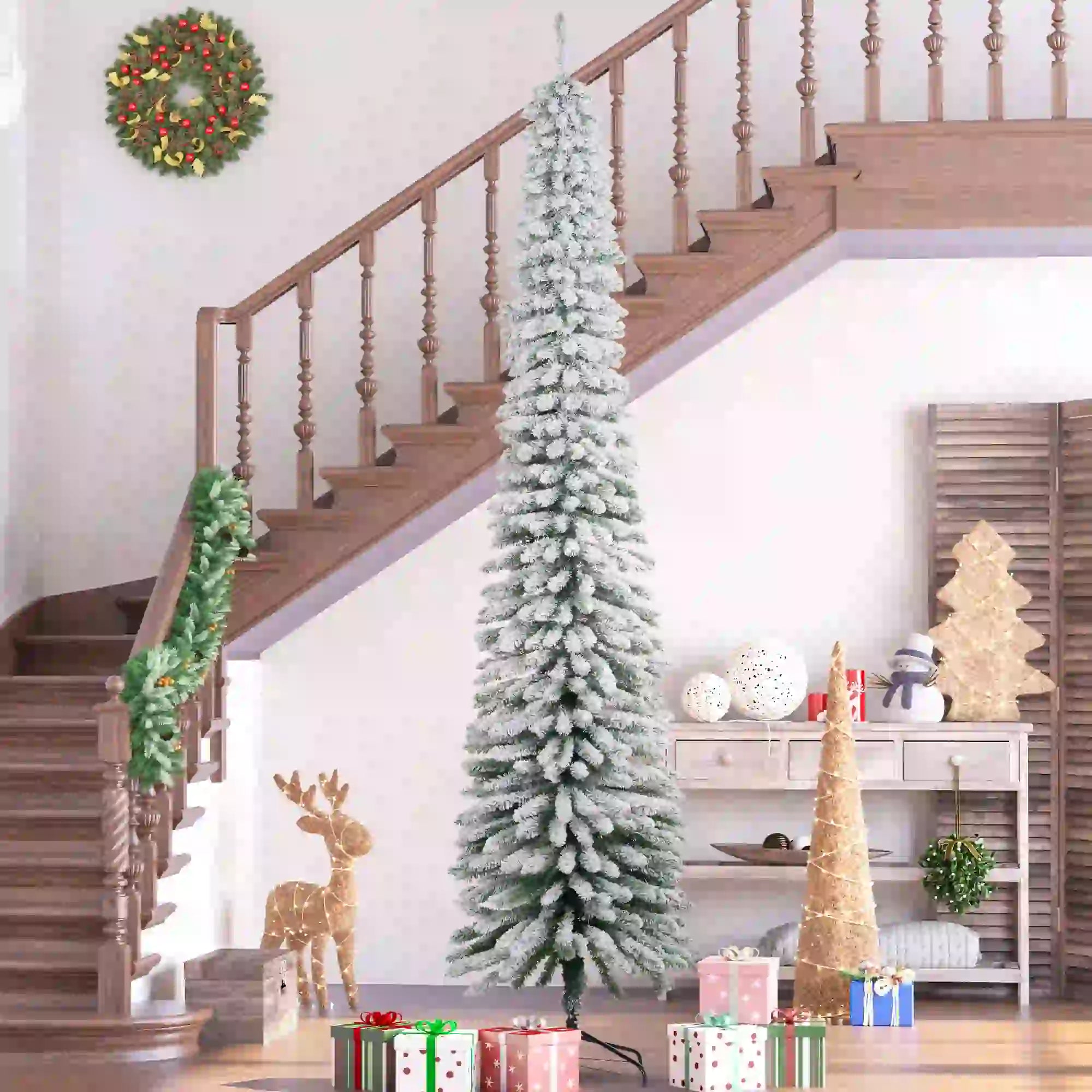 9ft Snow-Flocked Artificial Christmas Tree, Slim Pencil, Metal Base, Green Flocked Christmas Trees at Gallery Canada