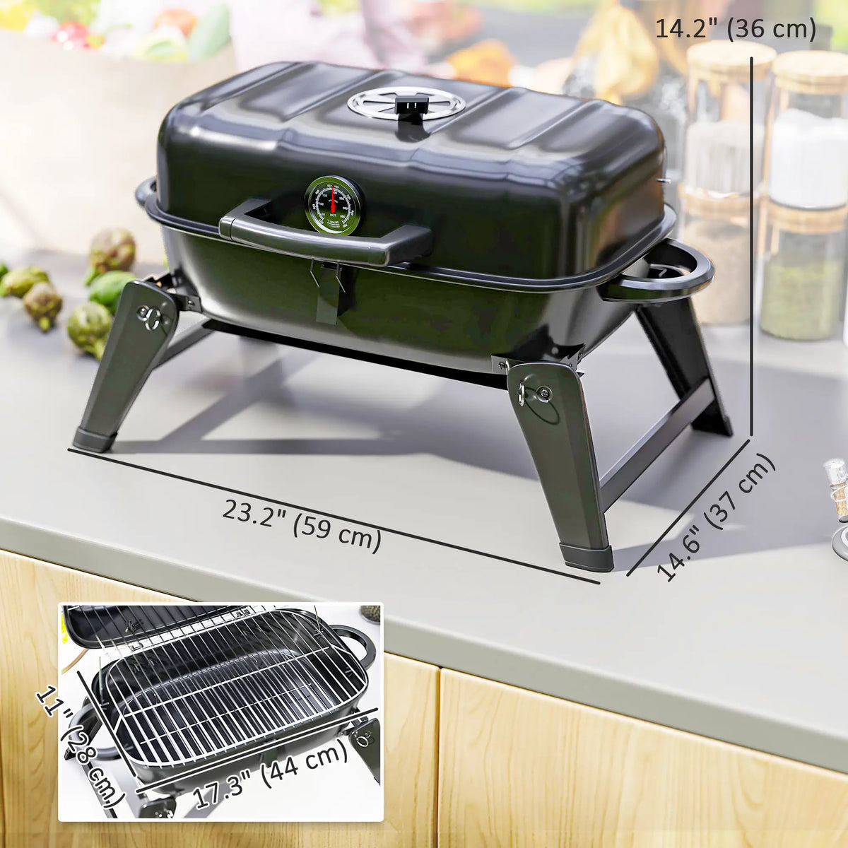 Foldable Charcoal BBQ Grill With Warming Rack, Adjustable Vent, Thermometer, Black