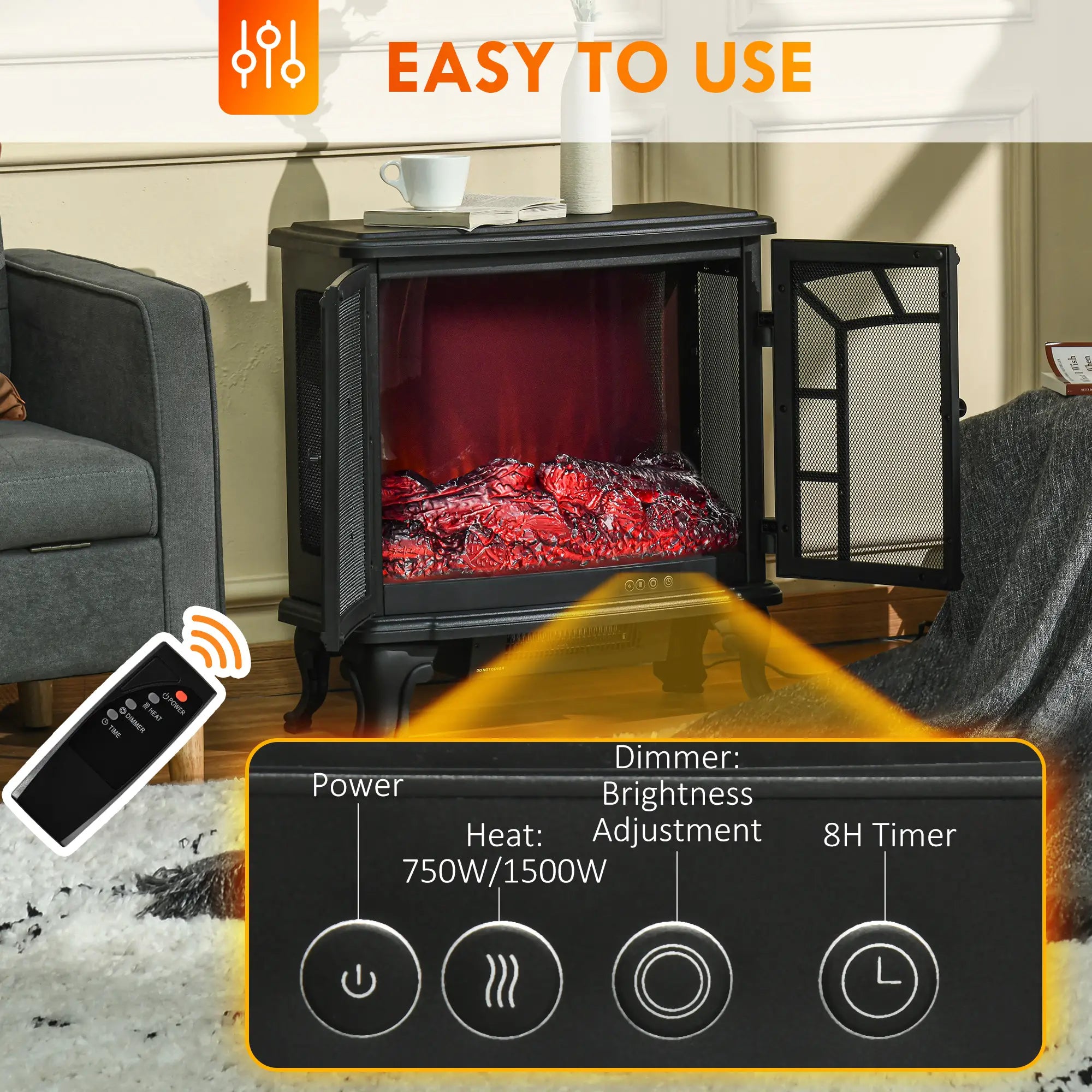 Electric Fireplace Heater, Freestanding, Realistic Flame, Timer, Overheat Protection, 750W/1500W, Black Electric Fireplaces at Gallery Canada
