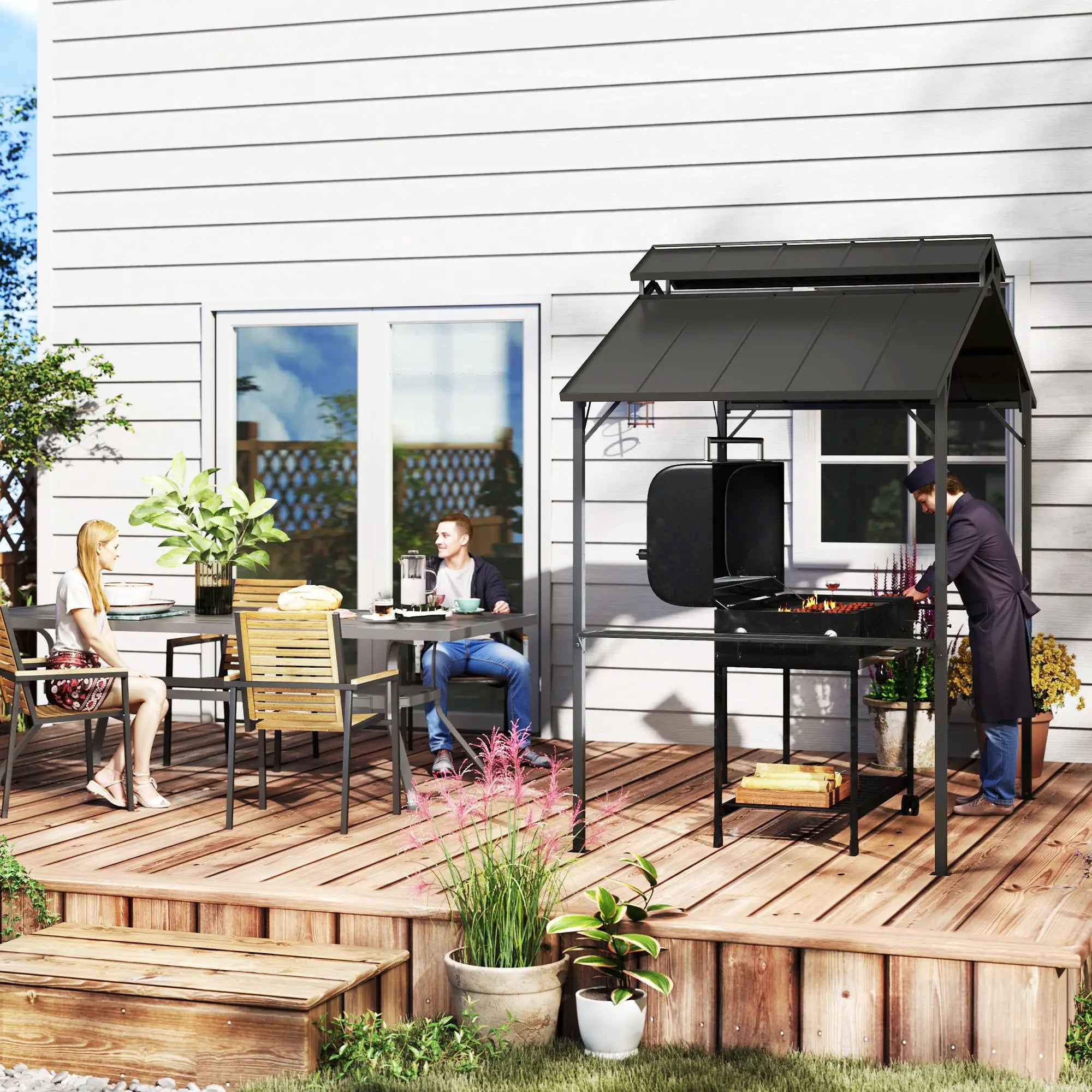 8 x 5ft Hardtop Grill Gazebo, Double Metal Roof, 2 Side Shelves, 10 Hooks BBQ Grill Gazebos at Gallery Canada