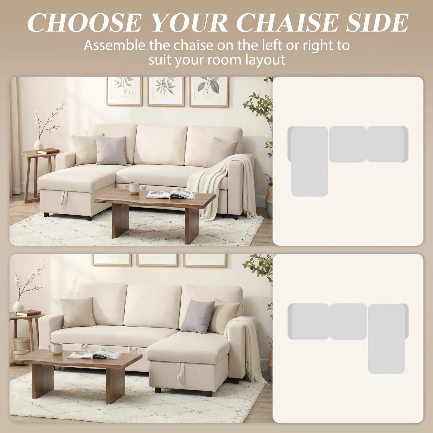 83" Sofa Bed, L Shaped Sectional Couch with Storage Chaise, Cream White Sofas & Reclining Chairs at Gallery Canada