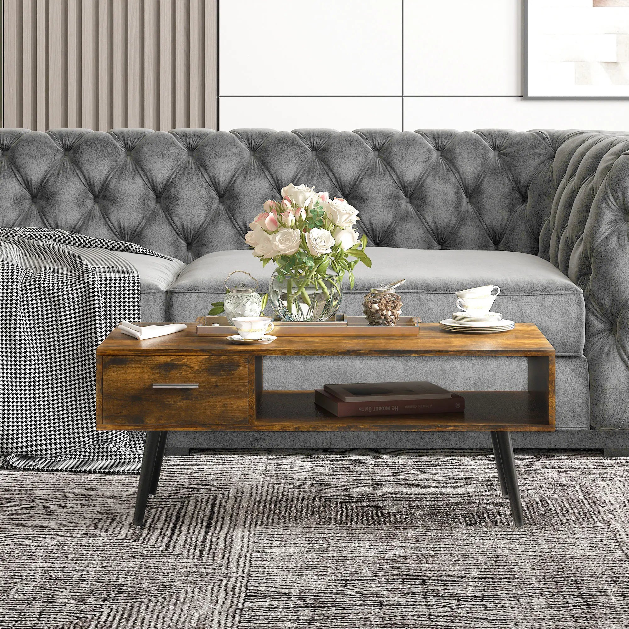 Retro Coffee Table with Storage, Vintage Wooden Side Table, Rustic Brown, Brown Coffee Tables at Gallery Canada