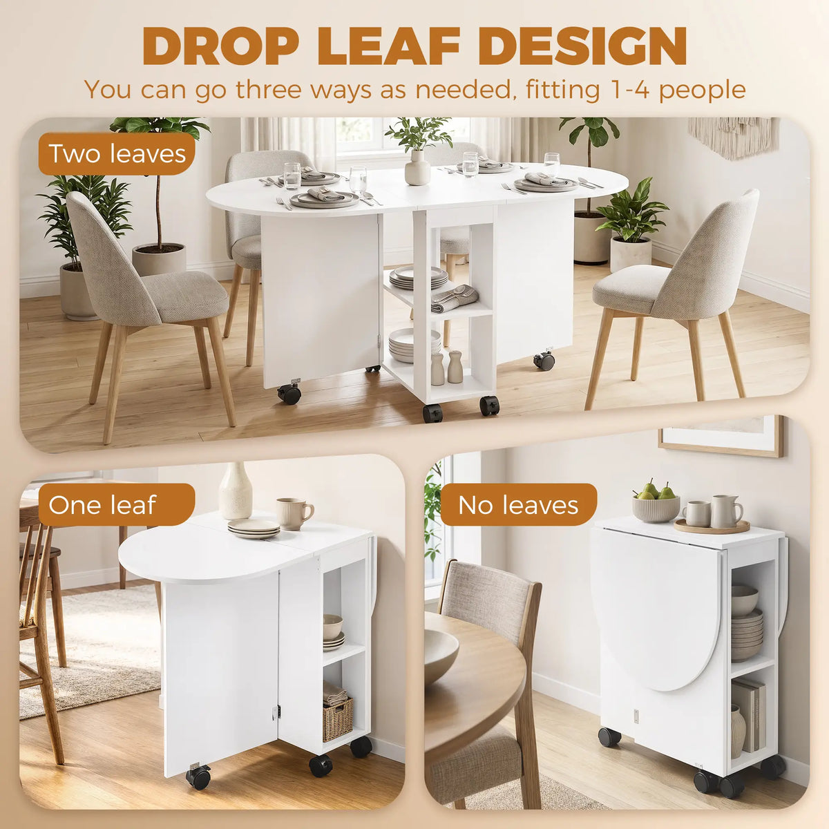 Folding Dining Table, Drop Leaf, 2 Shelves, 120cm, White Dining Tables at Gallery Canada