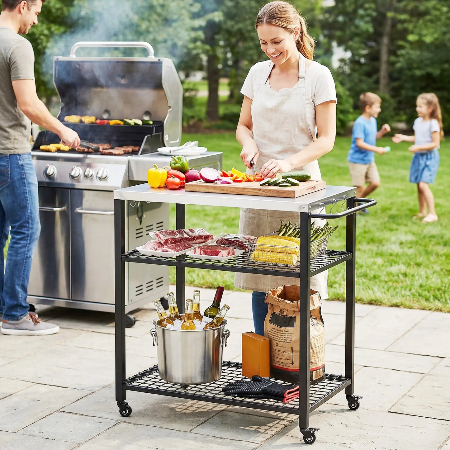 Outdoor Grill Cart With Stainless Steel Top, Two-Shelf Pizza Oven Stand, Black Outdoor Grill Carts at Gallery Canada