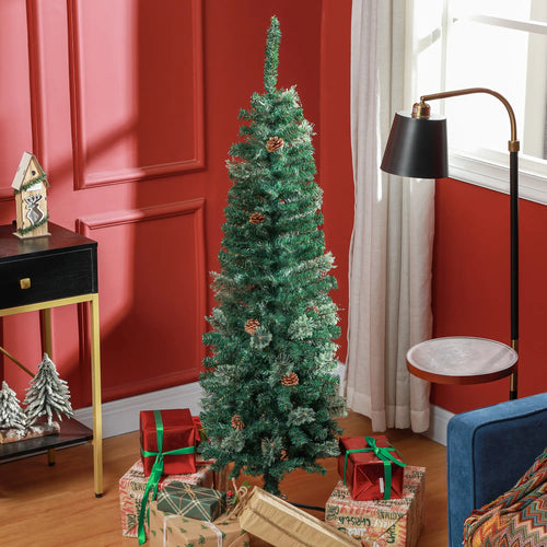 5ft Pencil Christmas Tree, Artificial with Pine Needles, Realistic Branches, Pine Cones, Green