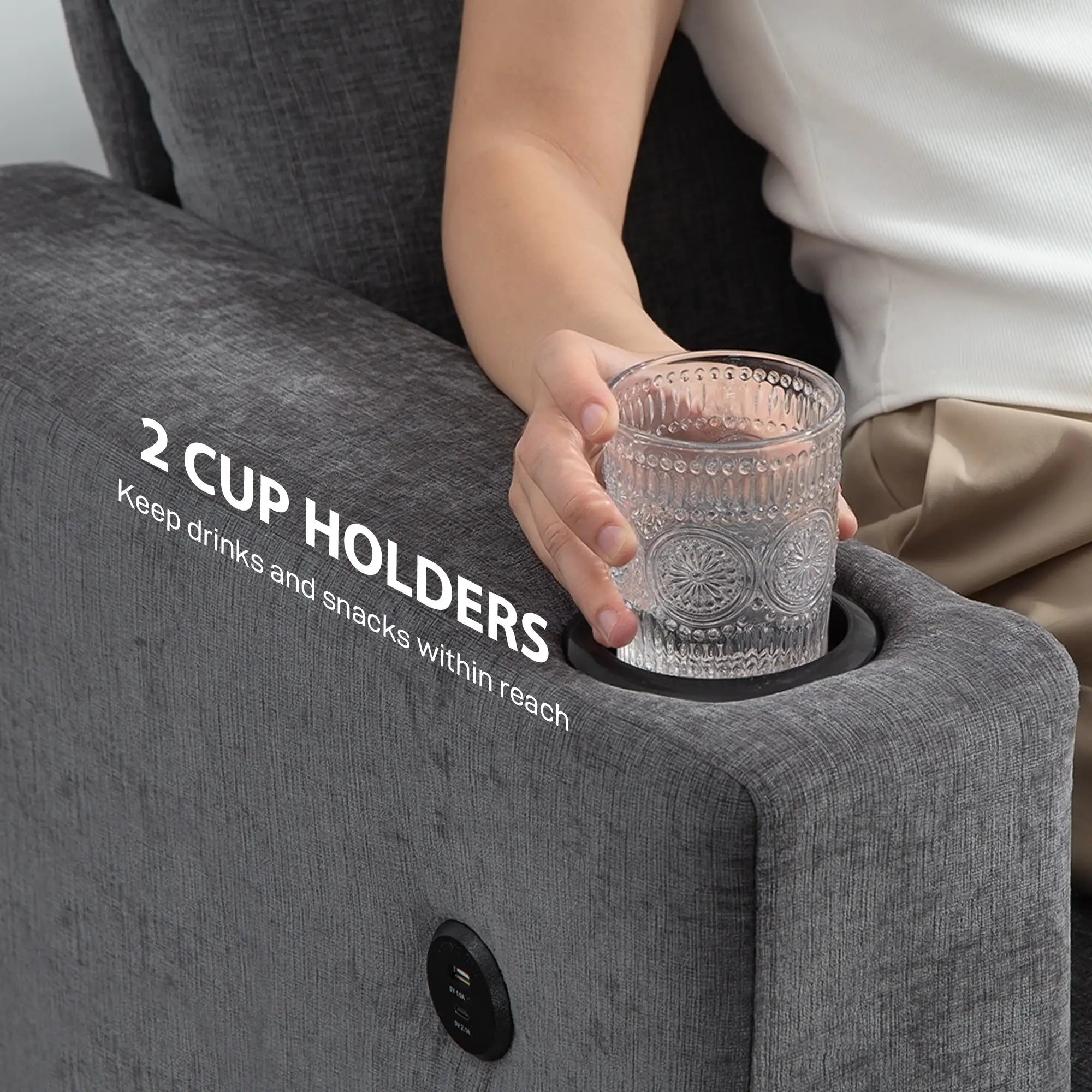 3 Seater Sofa with USB Ports, Cup Holders, Chenille Upholstery, Grey 3-Seater Sofas at Gallery Canada