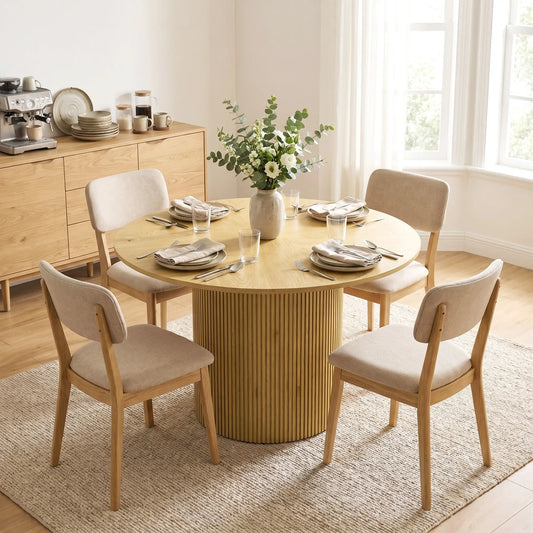 43.3 Inch Round Dining Table For 4-6, Fluted Pedestal, Oak Dining Tables Oak at Gallery Canada