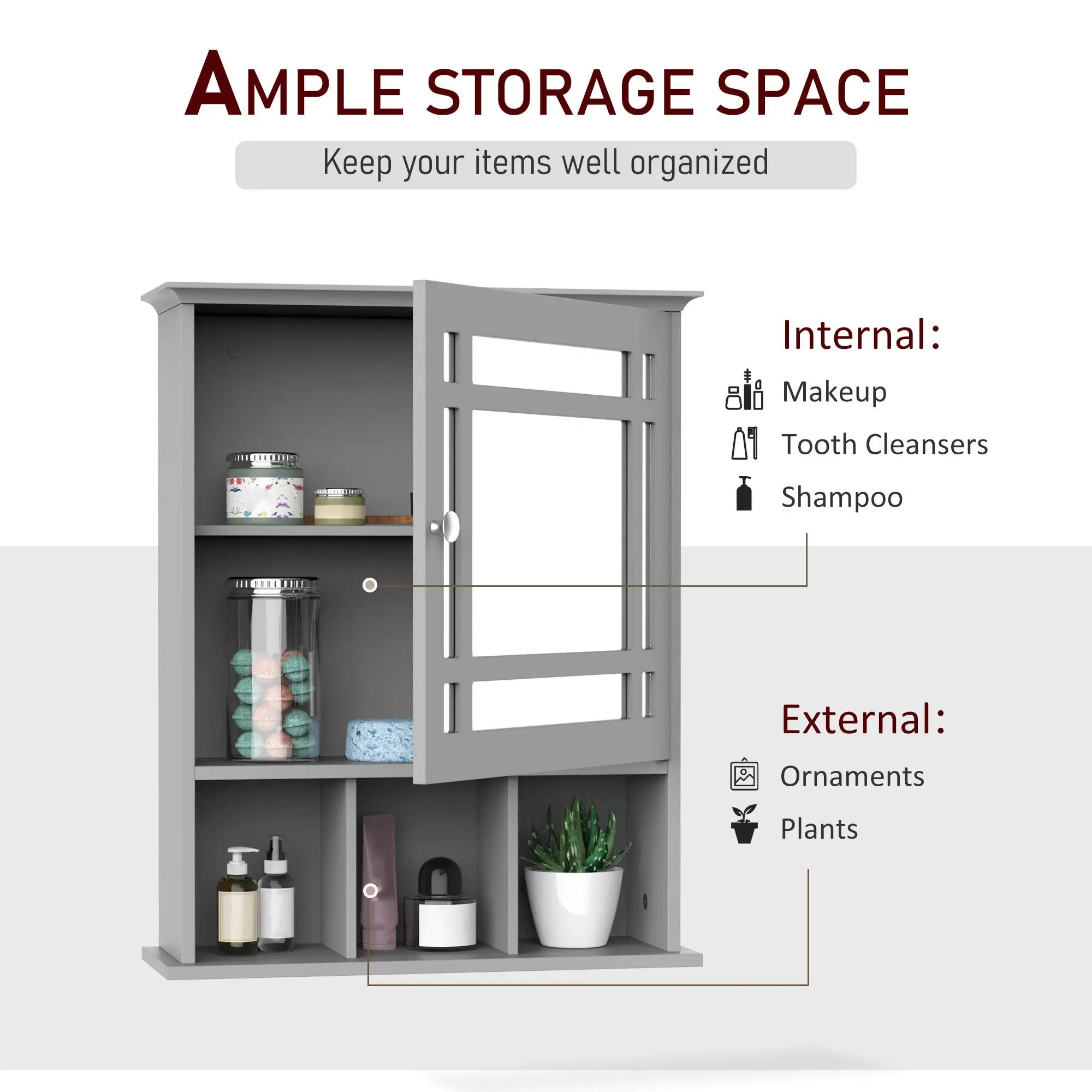 Wall Mount Bathroom Cabinet with Mirror Door, 3 Shelf Organizer, Grey Mirror Medicine Cabinets at Gallery Canada