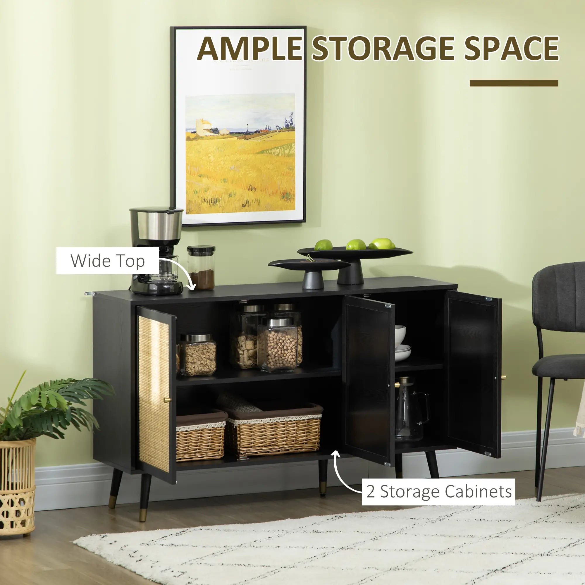Kitchen Sideboard Cabinet, Boho Storage With Shelves, Wood Legs, Rattan Doors, Black Bar Cabinets at Gallery Canada