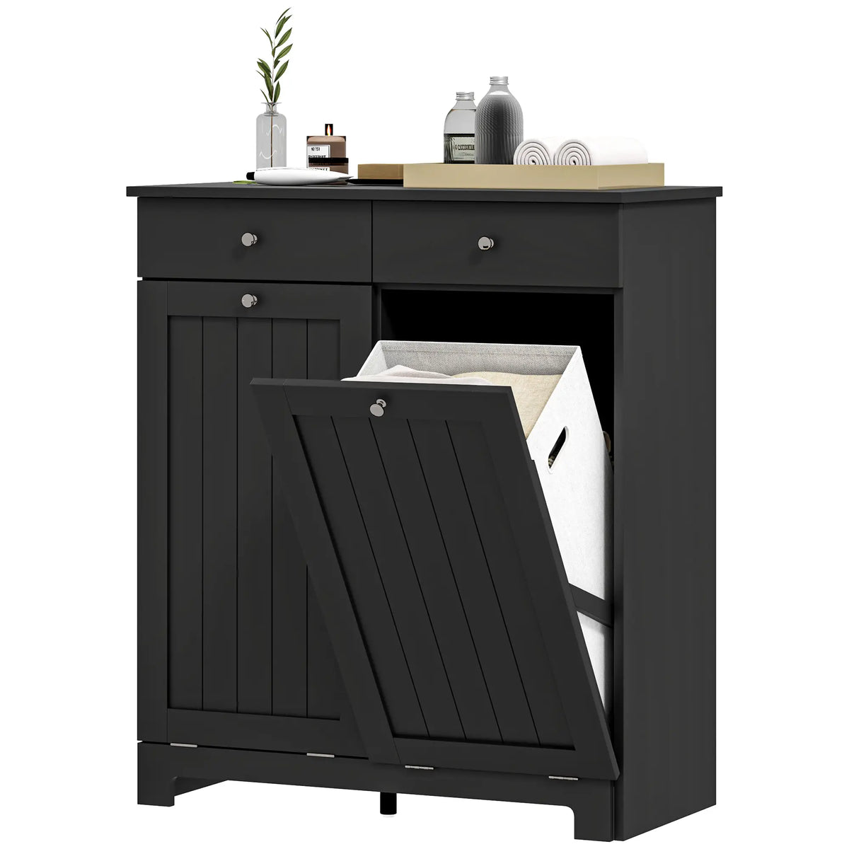 Laundry Cabinet, Tilt Out Hamper with 2 Baskets, 2 Drawers, Black Bathroom Cabinets Black at Gallery Canada