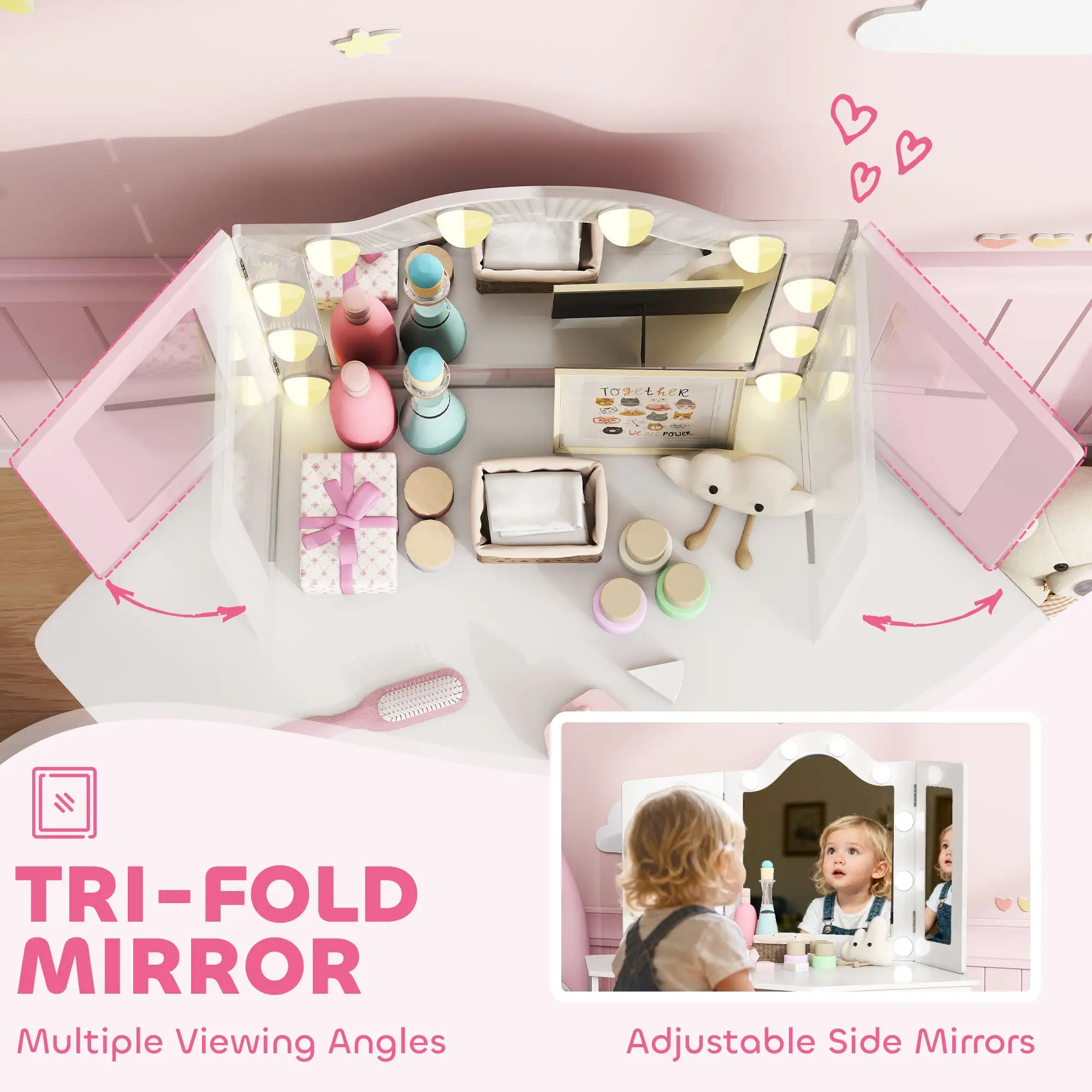 Kids Vanity Table and Chair Set with Lights, Tri-Fold Mirror, White Kids Bedroom Furniture at Gallery Canada