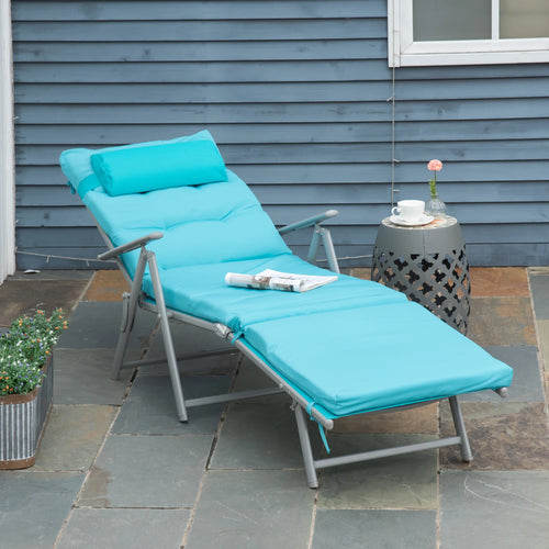 Outdoor Folding Chaise Lounge, Adjustable Backrest, Cushion, Headrest, Blue