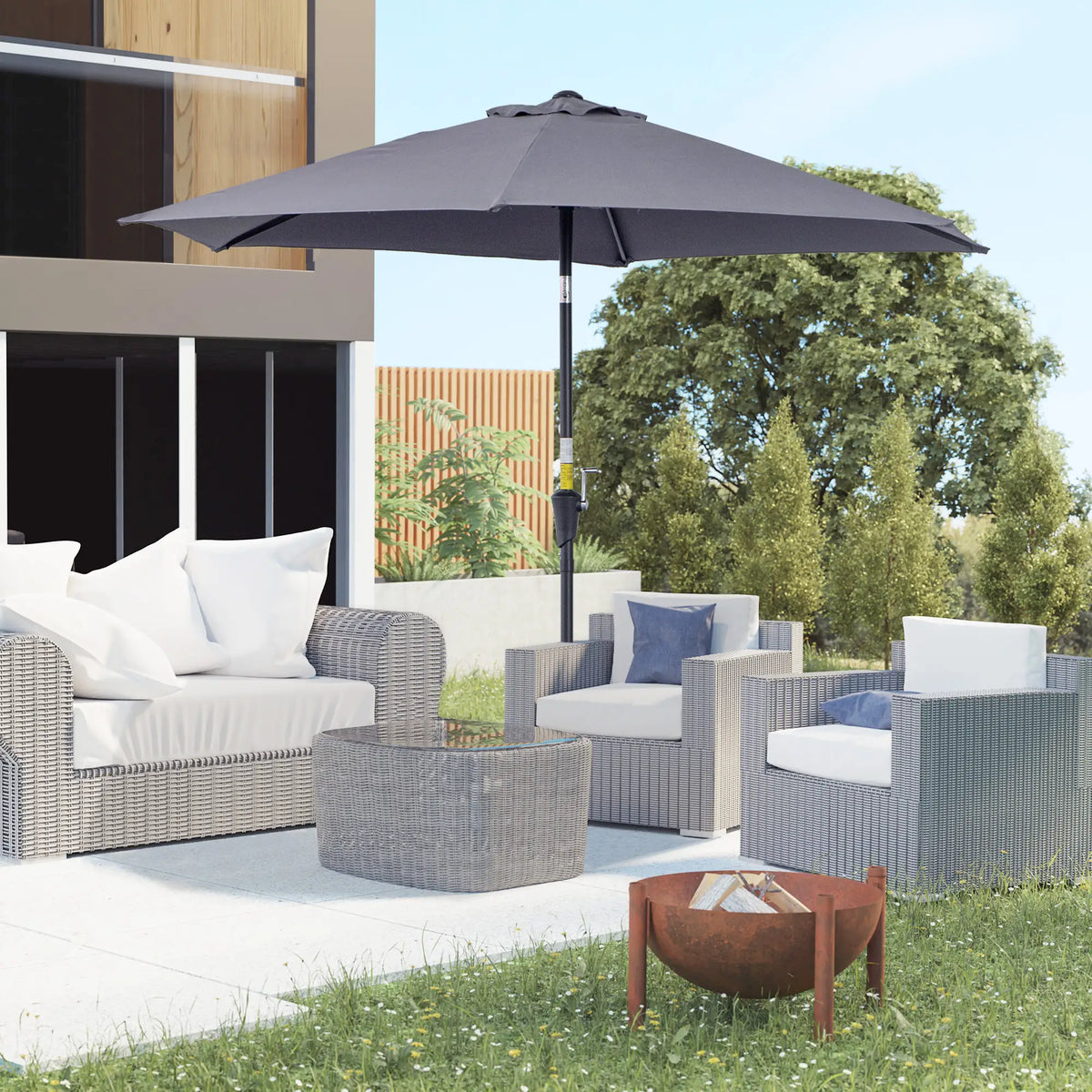 8.5FT Patio Umbrella, Round Garden Parasol with 6 Ribs, Grey Sun Umbrellas at Gallery Canada