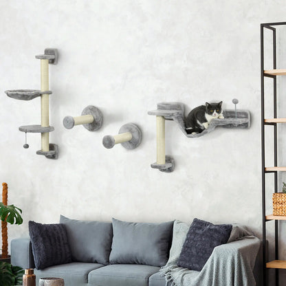 4PCs Cat Wall Shelves, Hammock, Scratching Post, Ladder, Grey Cat Climbing Wall at Gallery Canada