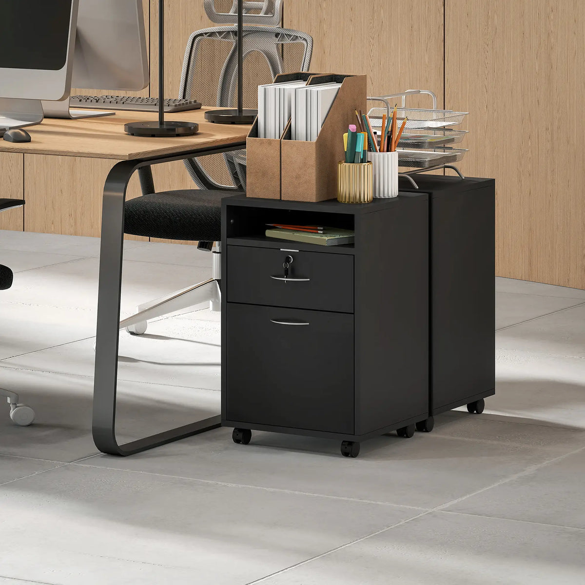 24" Small Filing Cabinet With Compartment, Drawer & Wheels, Black Office Cabinets & Cupboards at Gallery Canada