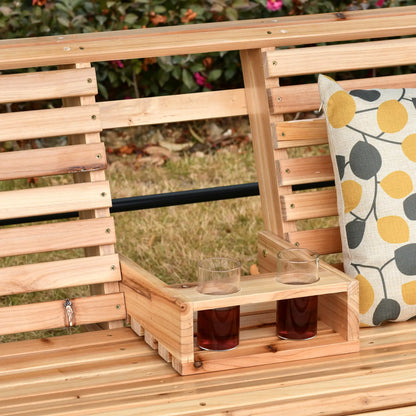 3 Seater Wood Patio Swing, Foldable Table, Cup Holders, Steel Chains, Natural Hanging Porch Swings at Gallery Canada