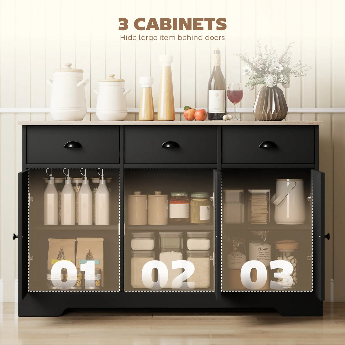 46.5" Buffet Cabinet, Farmhouse Sideboard, 3 Barn Doors, 3 Drawers, Black Bar Cabinets at Gallery Canada