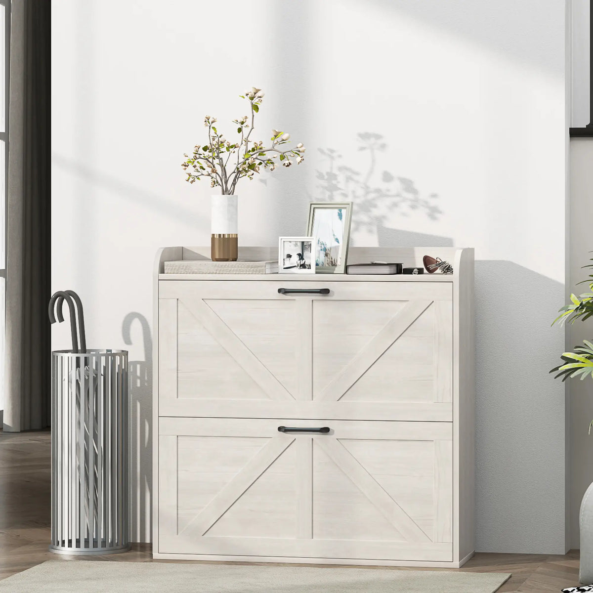 Narrow Shoe Storage Cabinet, 2 Flip Drawers, Adjustable Shelves, White Oak Shoe Storage Cabinets & Racks at Gallery Canada