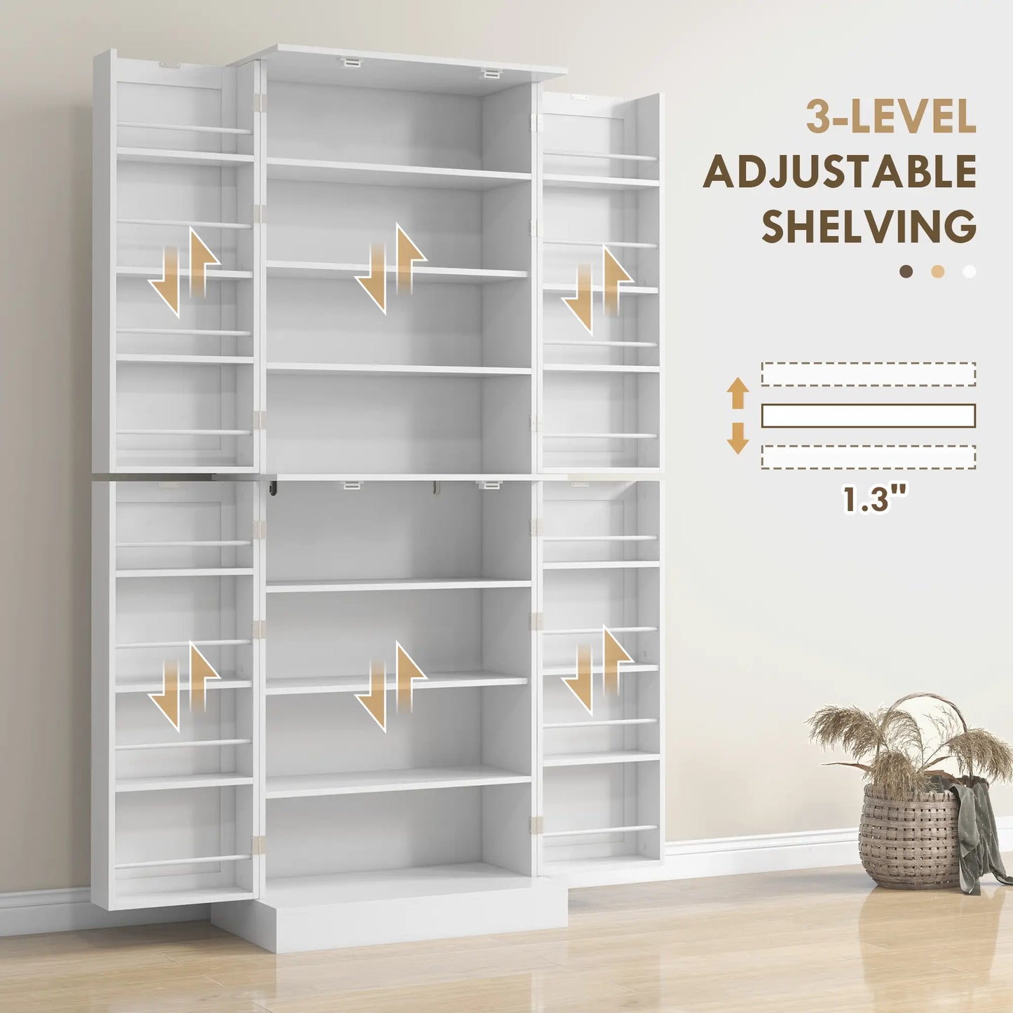 65" Kitchen Pantry Cabinet, 4 Doors, 16 Shelves, White Kitchen Pantry Cabinets at Gallery Canada