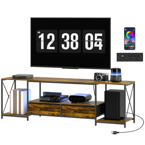 Industrial TV Stand For 60 Inch TV, Rustic Brown, With Charging Station And RGB LED Lights, Brown