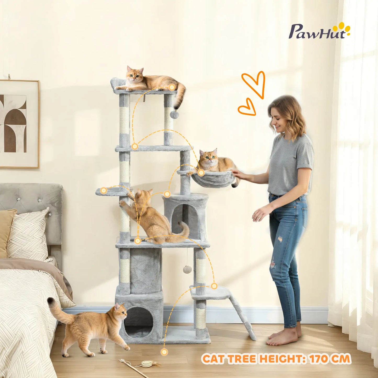 67" Large Cat Tree with 7 Scratching Posts, Tunnel, 2 Condos, Hammock, Perch, Ramp, Pompoms, Light Grey Multi-Level Cat Towers at Gallery Canada