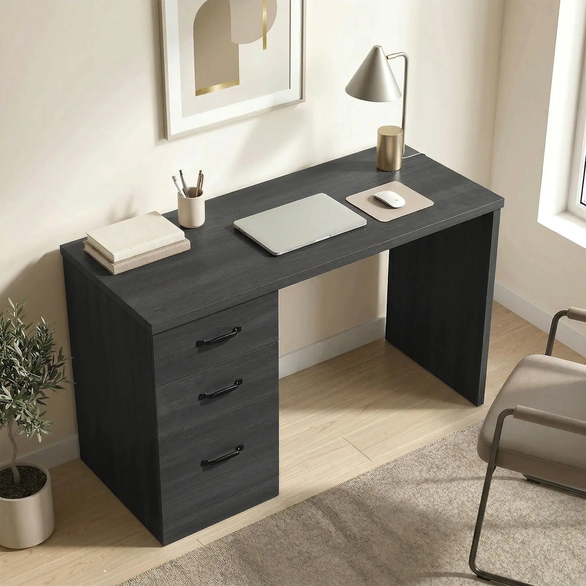 Computer Desk With 3 Drawers, 47" Home Office Desk, Black Computer Desks at Gallery Canada