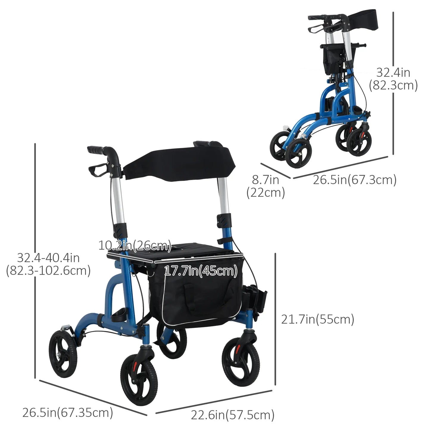 Rollator Walker, 8'' Wheels, Padded Seat, Backrest, Storage Bag, Blue Knee Walker & Wheelchair Ramps at Gallery Canada