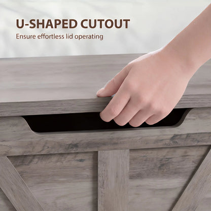 31.5" Storage Chest with Safety Hinge, Grey Wood Grain, Grey Storage Cabinets at Gallery Canada