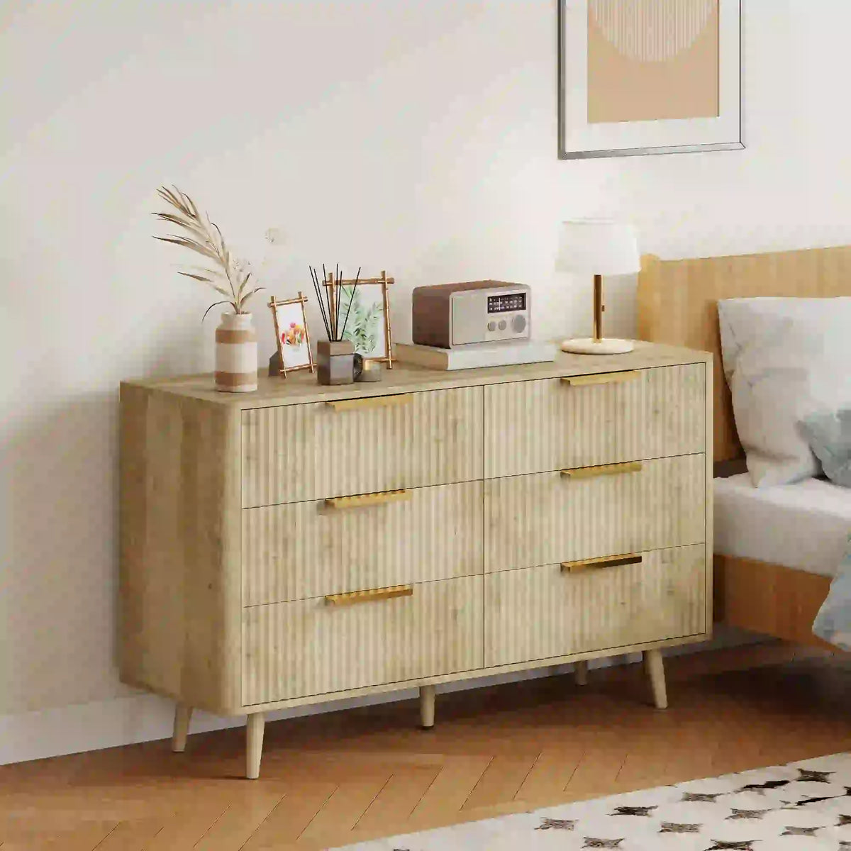 Fluted Chest of Drawers, 6 Drawer Dresser with Pine Wood Legs, Oak Storage Cabinets at Gallery Canada