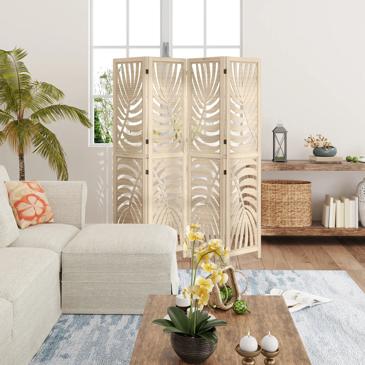 4 Panel Room Divider, Detachable Folding Privacy Screen, Palm Leaf Design, Natural Wood Finish Room Dividers at Gallery Canada