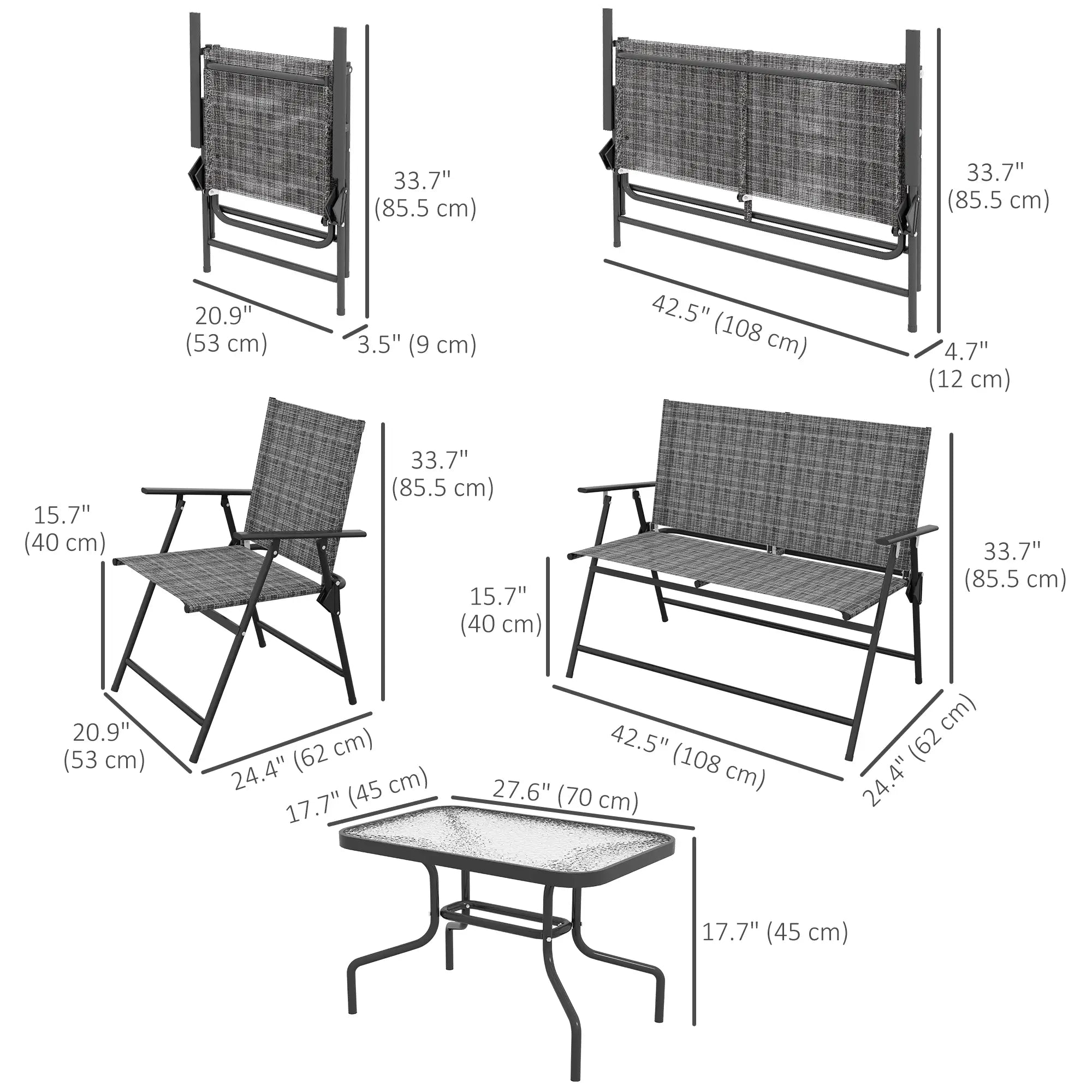 4 Piece Patio Furniture Set, Two Foldable Armchairs, Loveseat, Glass Top Table, Mixed Grey Patio Furniture Sets at Gallery Canada