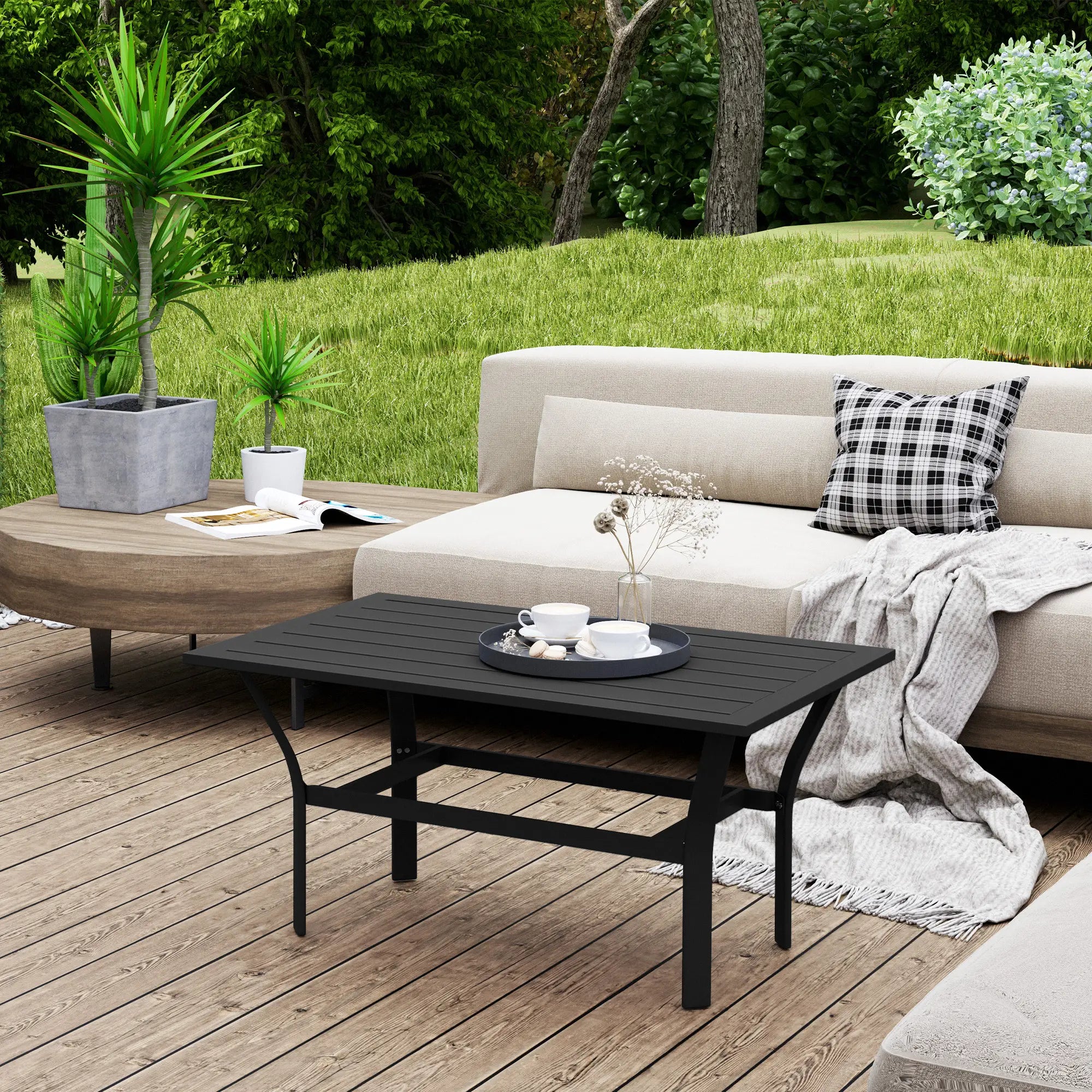 Outdoor Side Table, Slatted Tabletop, Metal Patio Coffee Table, Black Patio Side Tables at Gallery Canada
