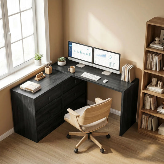 L Shaped Computer Desk, 6 Drawers, Wood Grain, Black Computer Desks Black Wood Grain at Gallery Canada